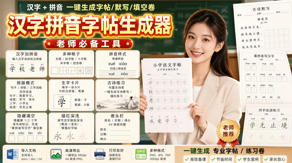 学习神器，汉字拼音字帖生成器，汉字+拼音 一键生成字帖/默写/填空卷，支持词组、成语，老师、家长必备-网创之家