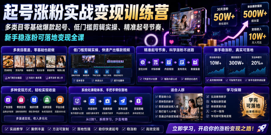 苗子起号涨粉实战变现训练营，多类目零基础爆款起号、精准起号节奏、新手稳涨粉可落地变现全课(更新0719)-网创之家