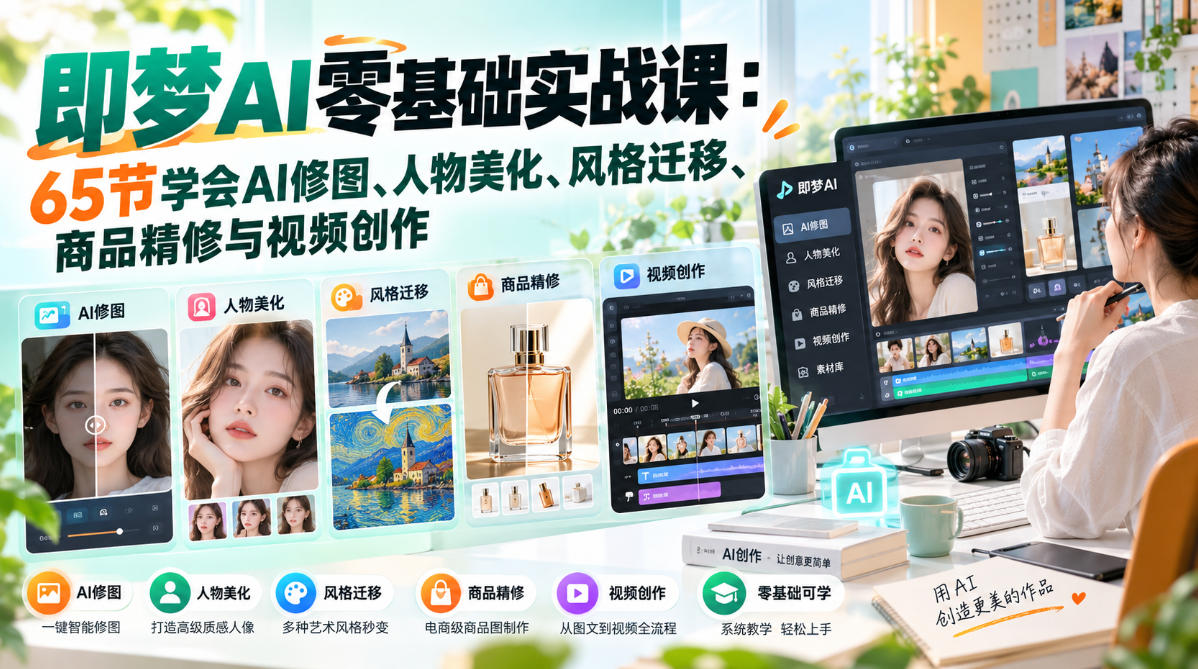 即梦AI零基础实战课：65节学会AI修图、人物美化、风格迁移、商品精修与视频创作-网创之家
