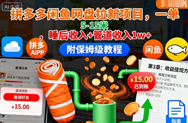 拼多多闲鱼网盘拉新项目，一单5-15米，睡后收入+管道收入1w+(附保姆级教程)-网创之家