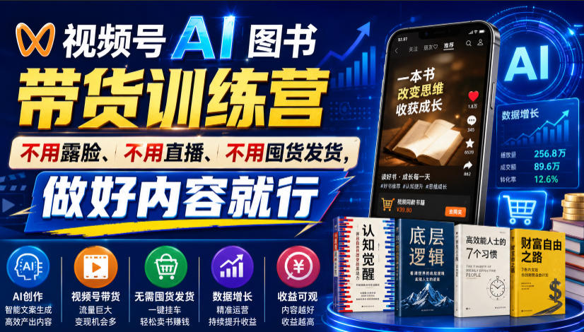 视频号AI图书带货训练营，不用露脸、不用直播、不用囤货发货，做好内容就行，一条爆款视频佣金8942-网创之家