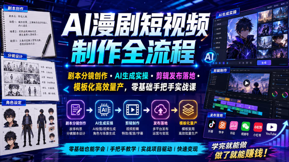 AI漫剧短视频制作全流程｜剧本分镜创作・AI生成实操・剪辑发布落地・模板化高效量产，零基础手把手实战课-网创之家