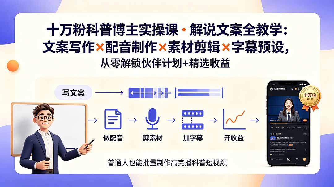 10万粉科普博主实操课-解说文案全教学：文案写作×配音制作×素材剪辑×字幕预设，从零解锁伙伴计划+精选收益-网创之家