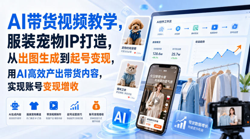 AI带货视频教学，服装宠物IP打造，从出图生成到起号变现，用AI高效产出带货内容，实现账号变现增收-网创之家
