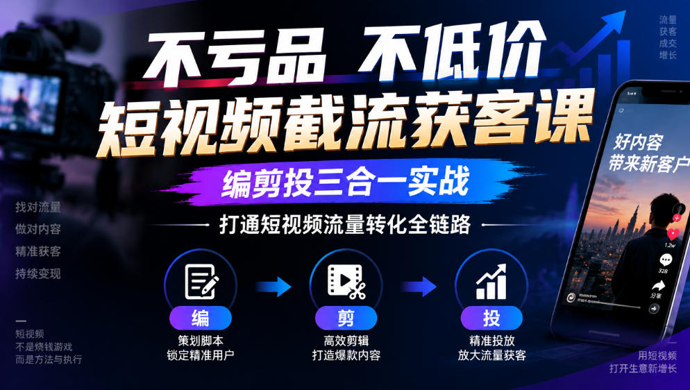 不亏品不低价短视频截流获客课，编剪投三合一实战，打通短视频流量转化全链路-网创之家