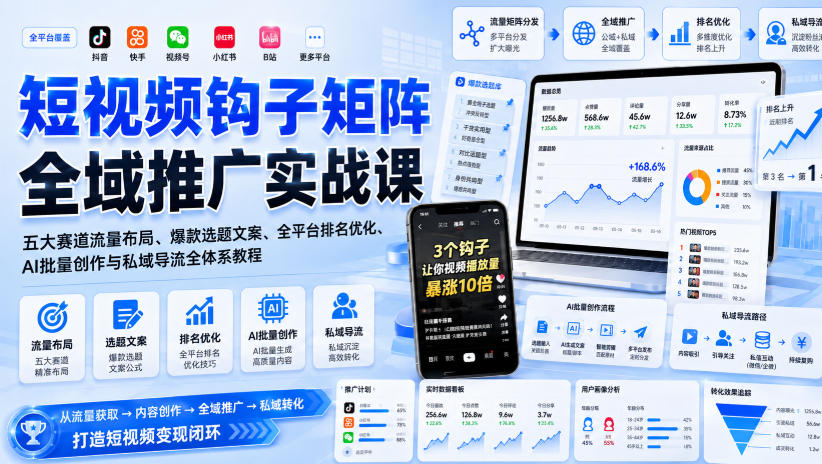 短视频钩子矩阵全域推广实战课｜五大赛道流量布局、爆款选题文案、全平台排名优化、AI批量创作与私域导流全体系教程-网创之家