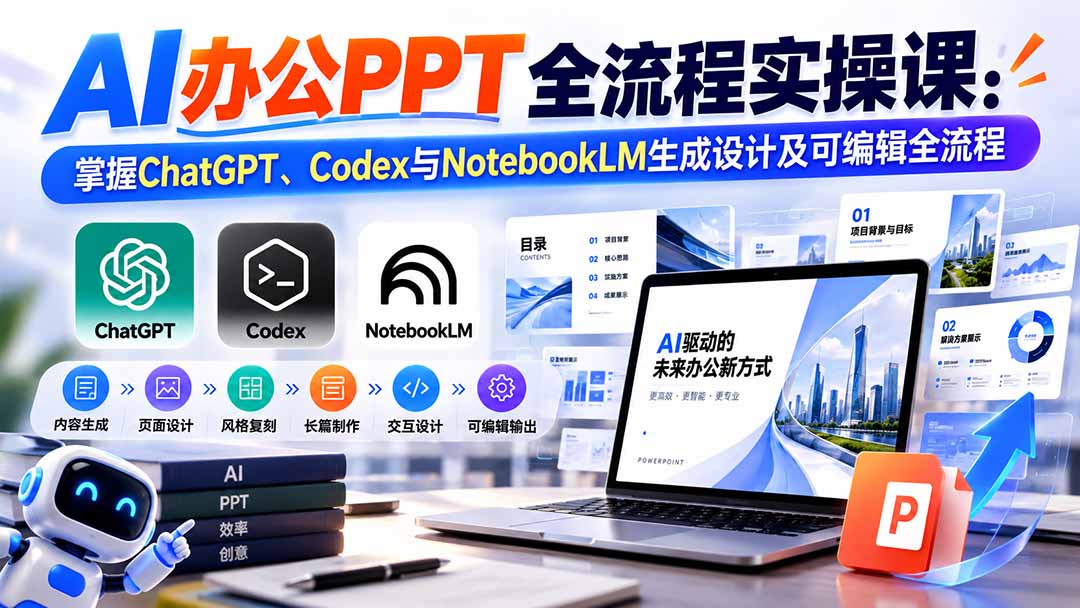 【无水印】AI办公PPT全流程实操课： 掌握ChatGPT、Codex与NotebookLM生成设计及可编辑全流程-网创之家