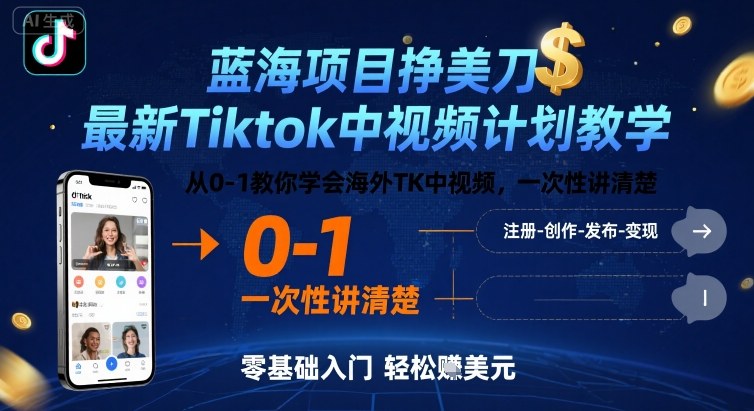 蓝海项目挣美刀,最新Tiktok中视频计划教学,从0-1教你学会海外TK中视频,一次性讲清楚-网创之家