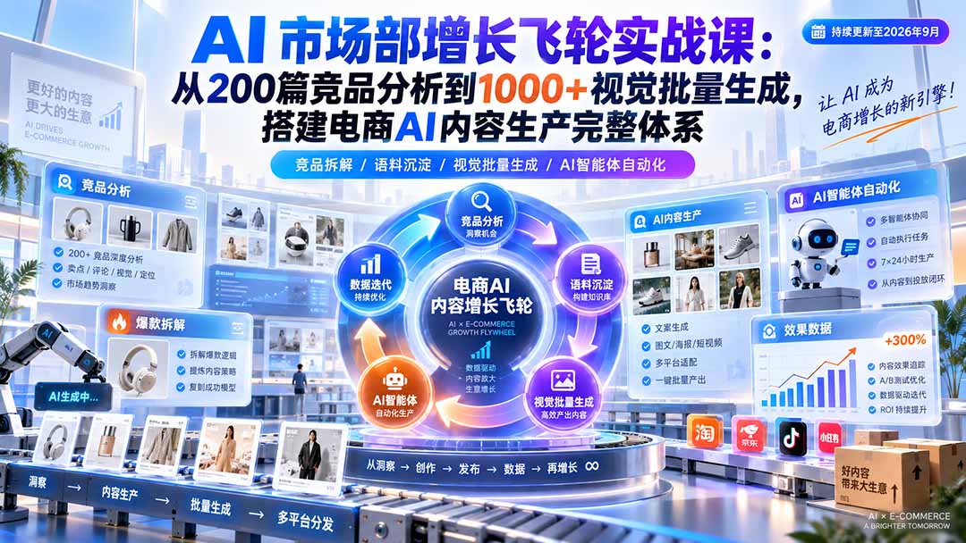 AI 市场部增长飞轮实战课：从200篇竞品分析到1000+视觉批量生成，搭建电商AI内容生产完整体系-网创之家