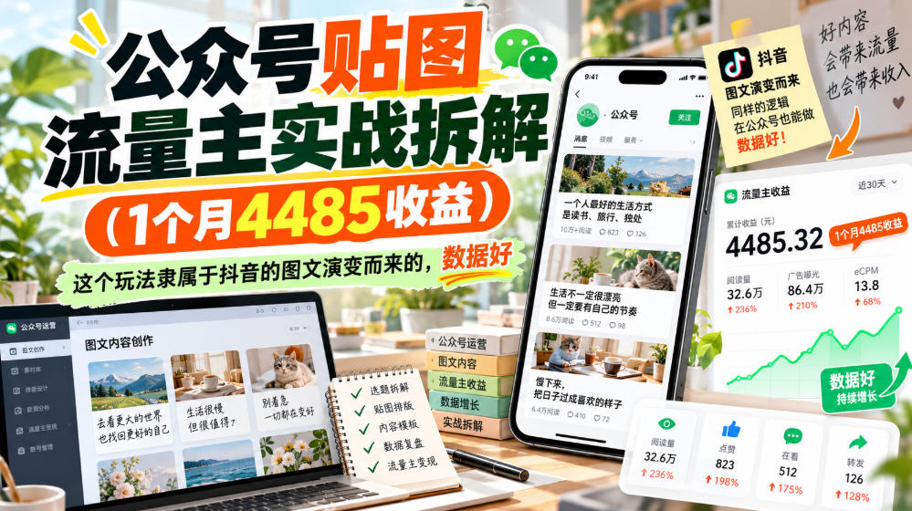 公众号贴图流量主实战拆解(1个月4485收益)，这个玩法隶属于抖音的图文演变而来的，数据好-网创之家