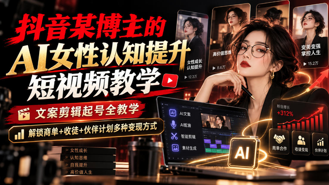 抖音某博主的Ai女性认知提升短视频教学，文案剪辑起号全教学，解锁商单+收徒+伙伴计划多种变现方式-网创之家