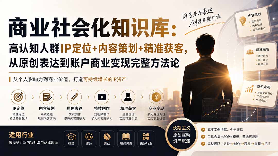 商业社会化知识库：高认知人群IP定位+内容策划+精准获客，从原创表达到账户商业变现完整方法论-网创之家
