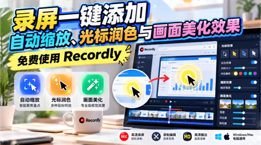 录屏一键添加自动缩放、光标润色与画面美化效果，免费使用Recordly-网创之家