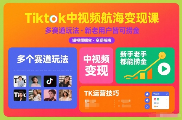 Tiktok中视频航海变现课，多个赛道玩法，新手老手都能在TK中视频捞金-网创之家