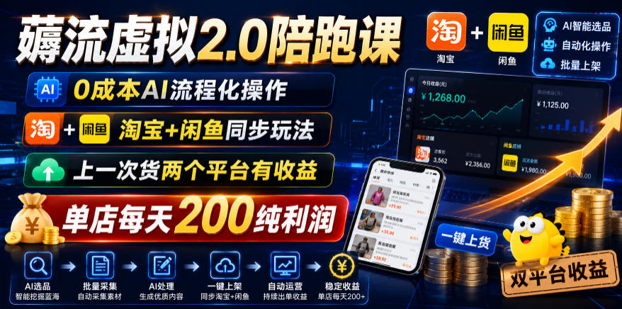薅流虚拟2.0陪跑课，0成本AI流程化操作，淘宝+闲鱼同步玩法，上一次货两个平台有收益，单店每天200纯利润-网创之家