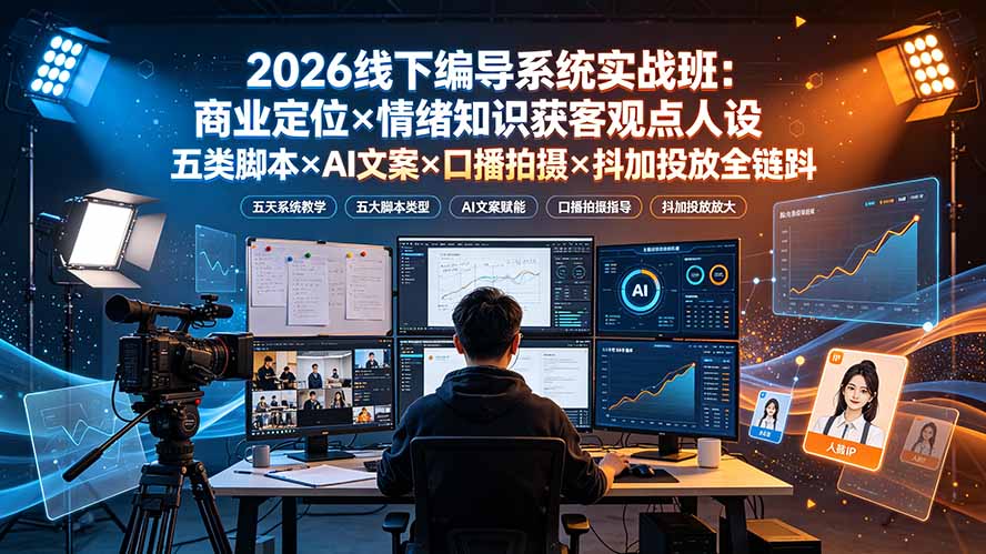 2026线下编导系统实战班：商业定位×情绪知识获客观点人设五类脚本×AI文案×口播拍摄×抖加投放全链路-网创之家