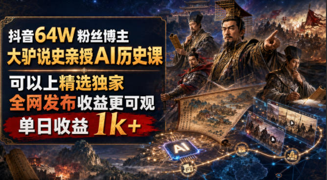 抖音64W粉丝博主大驴说史亲授AI历史课,可以上精选独家,全网发布收益更可观,单日收益1k+-网创之家