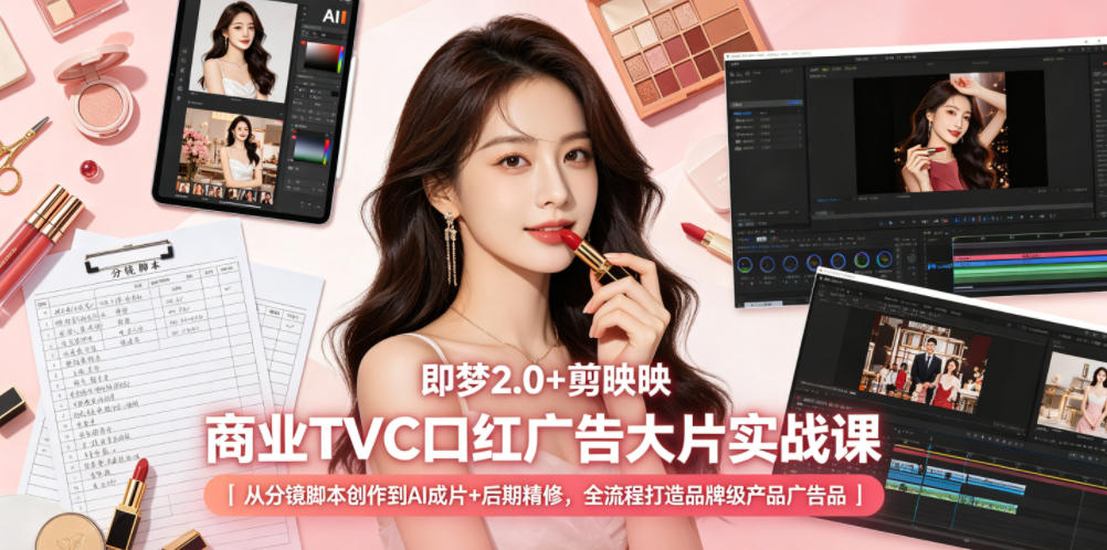 即梦2.0+剪映商业TVC口红广告大片实战课｜从分镜脚本创作到AI成片+后期精修，全流程打造品牌级产品广告-网创之家