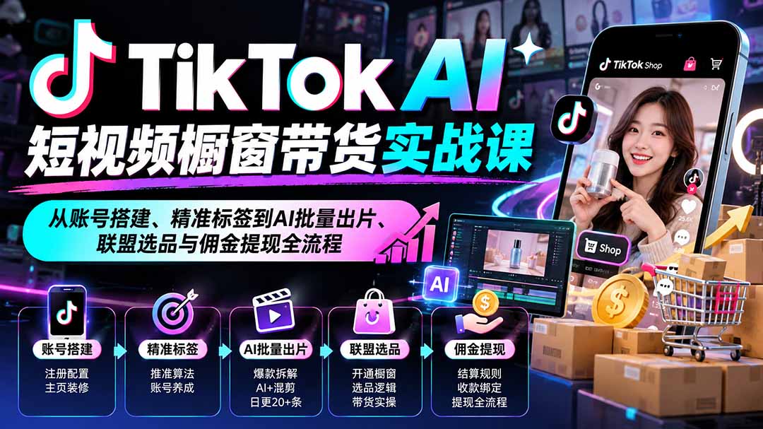 TikTok AI短视频橱窗带货实战课：从账号搭建、精准标签到AI批量出片、联盟选品与佣金提现全流程-网创之家