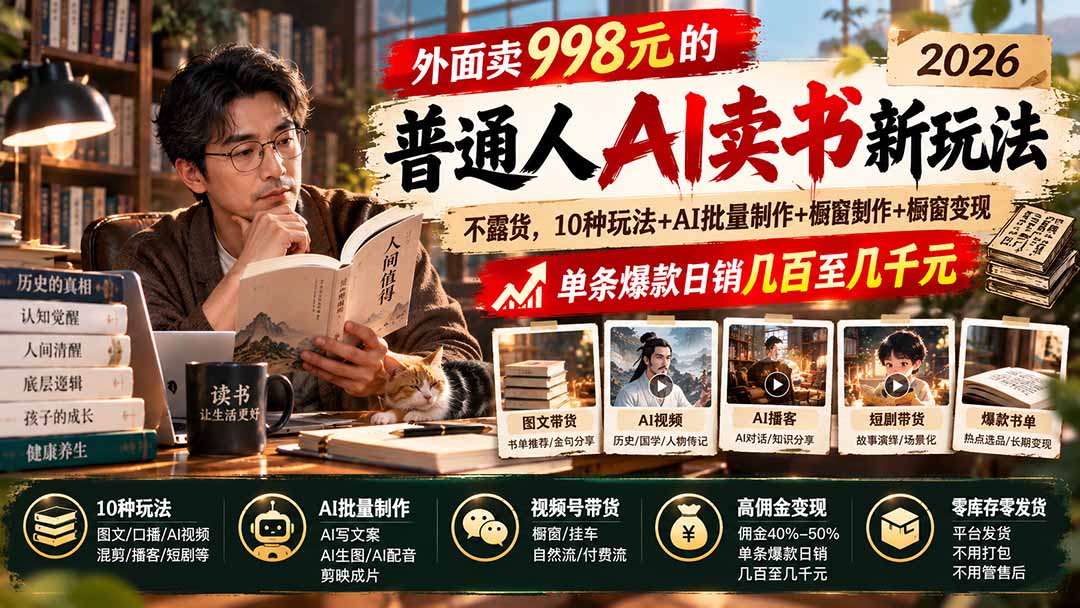 外面卖998元的2026普通人AI卖书新玩法：不露脸、不囤货，10种玩法+AI批量制作+橱窗变现，单条爆款日销几百至几千元-网创之家