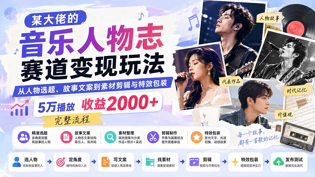 某大佬的音乐人物志赛道变现玩法：从人物选题、故事文案到素材剪辑与特效包装，5万播放收益2000+完整流程-网创之家