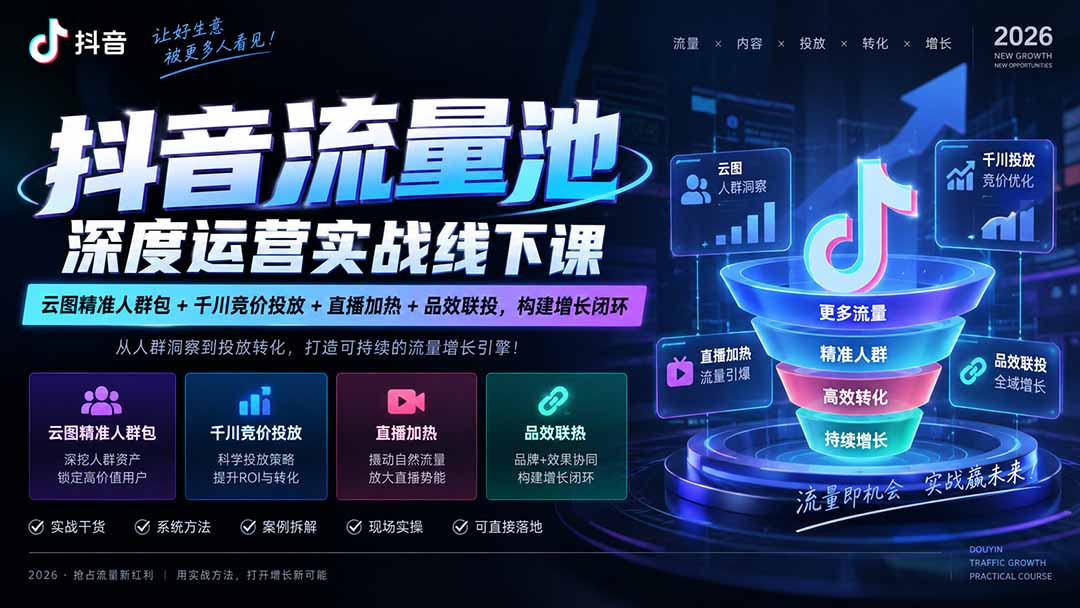 抖音流量池深度运营实战线下课｜云图精准人群包+千川竞价投放+直播加热+品效联投，构建增长闭环-网创之家