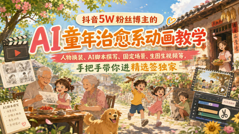 抖音5W粉丝博主的AI童年治愈系动画教学，人物换装、AI脚本撰写、固定场景、生图生视频等，手把手带你进精选签独家-网创之家
