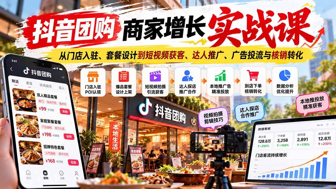 抖音团购商家增长实战课：从门店入驻、套餐设计到短视频获客、达人推广、广告投流与核销转化-网创之家