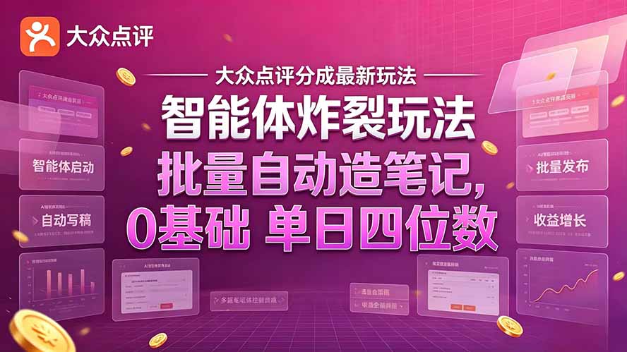大众点评分成最新智能体炸裂玩法！批量自动造笔记，0基础干到单日四位数-网创之家