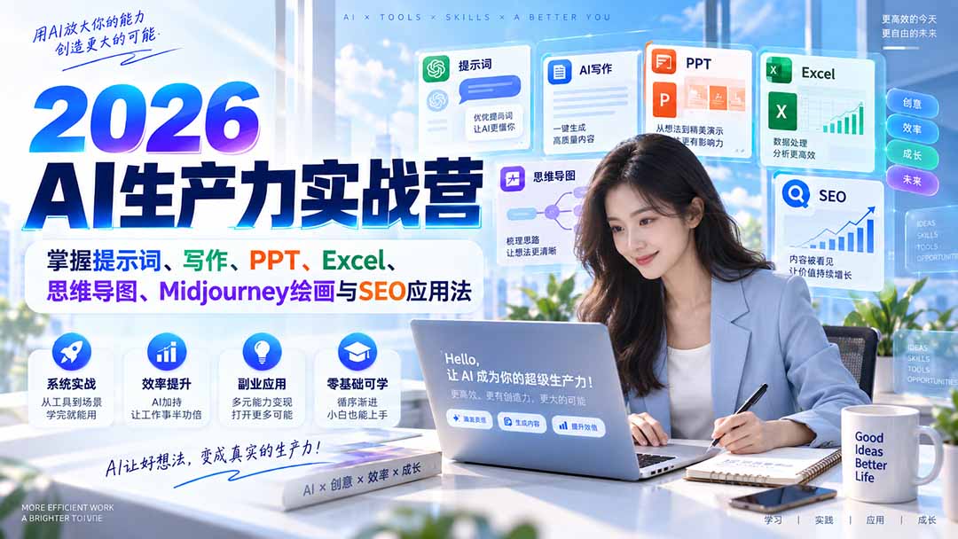 2026AI生产力实战营：掌握提示词、写作、PPT、Excel、思维导图、Midjourney绘画与SEO应用法-网创之家