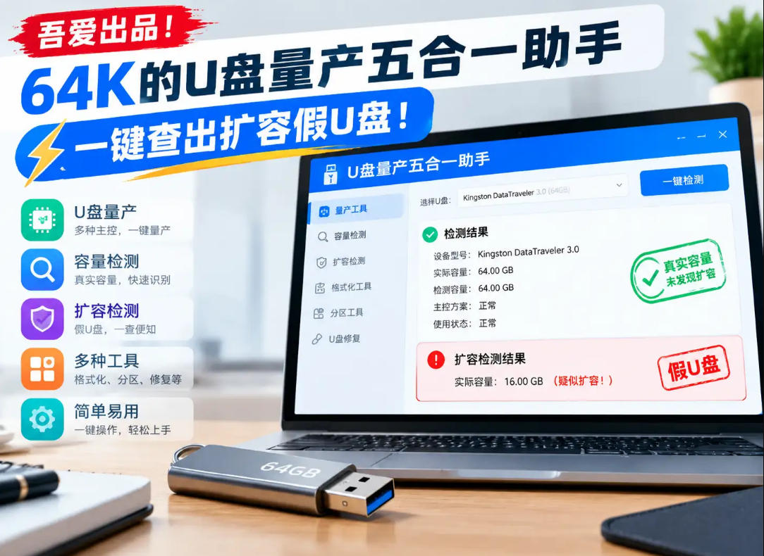 吾爱出品！64K的U盘量产五合一助手，一键查出扩容假U盘！-网创之家
