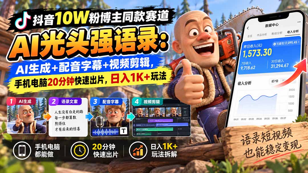 【无水印】抖音10W粉博主同款赛道AI光头强语录：AI生成+配音字幕+视频剪辑，手机电脑20分钟快速出片，日入1K+玩法-网创之家