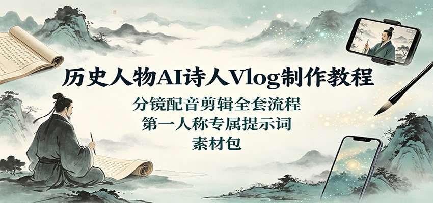 历史人物AI诗人Vlog制作教程：分镜配音剪辑全套流程，第一人称专属提示词素材包-网创之家