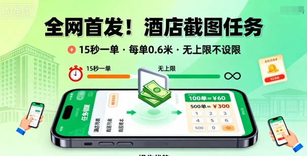 全网首发!酒店截图任务,15秒一单,每单0.6米,任务无上限不设限,矩阵操作单日3张到手【揭秘】-网创之家