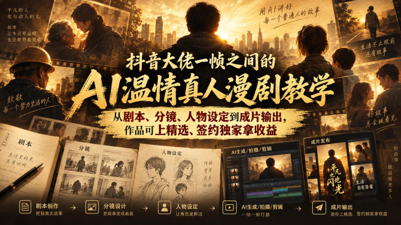 抖音大佬一帧之间的AI温情真人漫剧教学，从剧本、分镜、人物设定到成片输出，作品可上精选、签约独家拿收益-网创之家