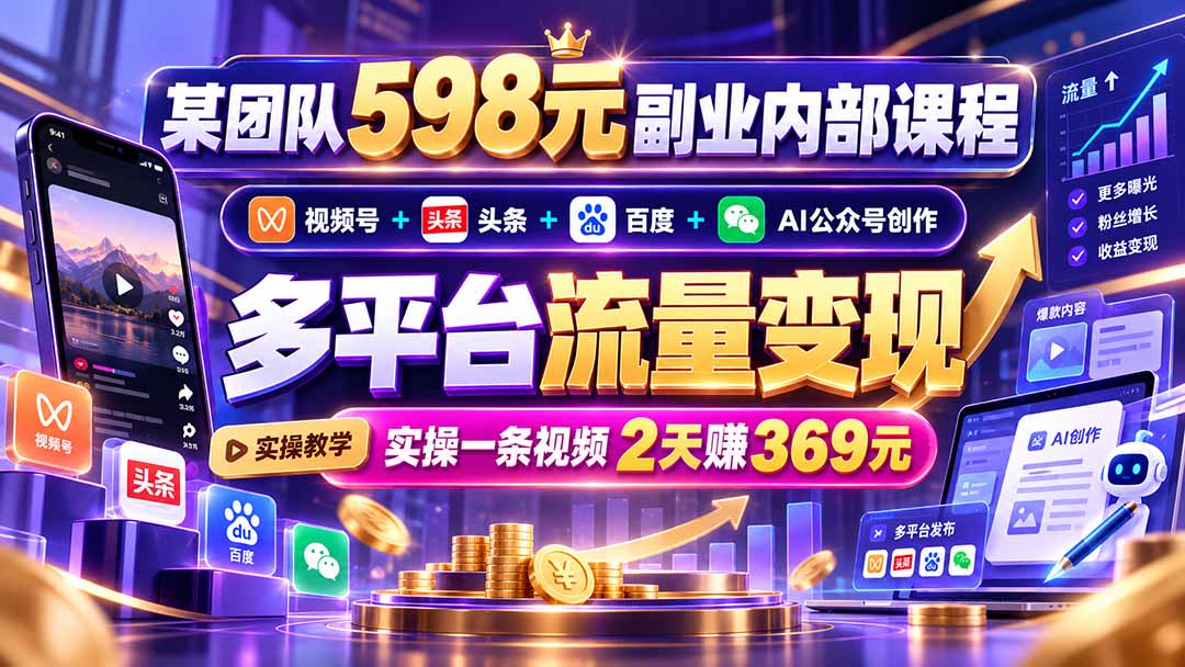 某团队598元副业内部课程：视频号+头条+百度+AI公众号创作、多平台流量变现，实操一条视频2天赚369元-网创之家