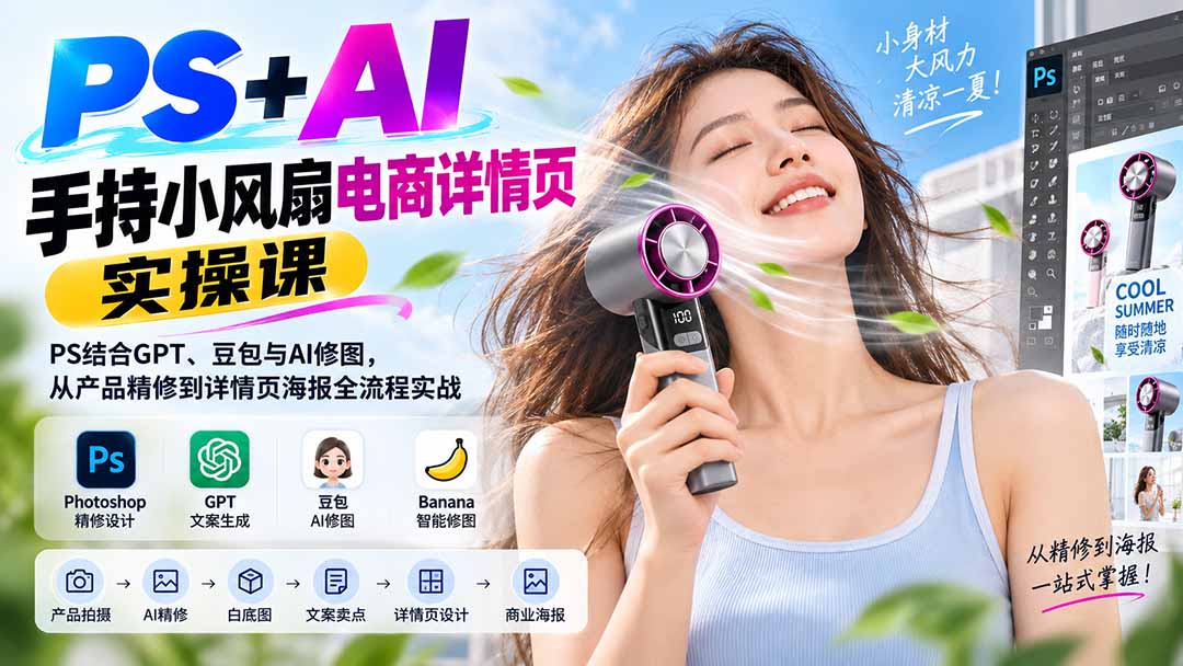 PS+AI手持小风扇电商详情页实操课：PS结合GPT、豆包与AI修图，从产品精修到详情页海报全流程实战-网创之家