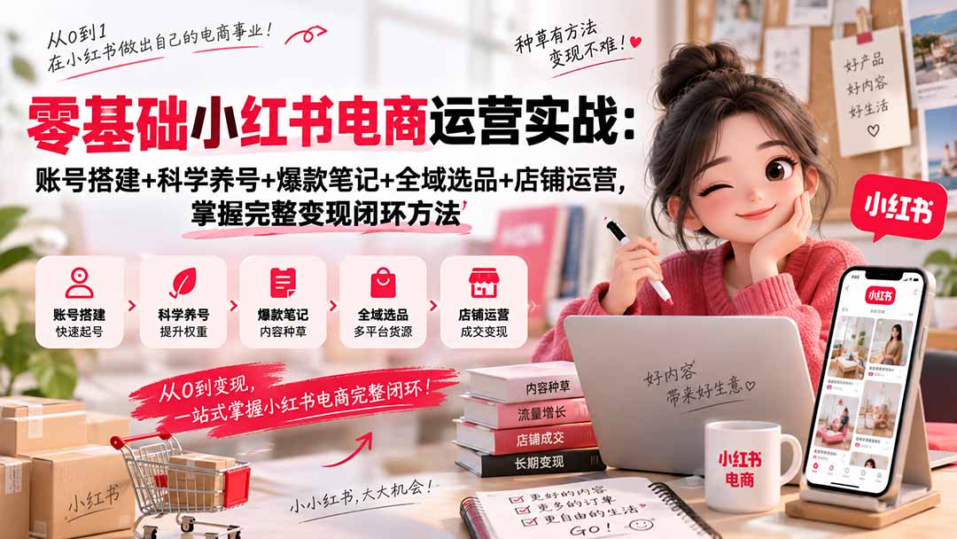 零基础小红书电商运营实战：账号搭建+科学养号+爆款笔记+全域选品+店铺运营，掌握完整变现闭环方法-网创之家