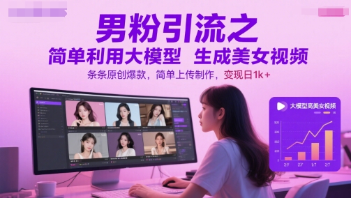 男粉引流之简单利用大模型生成美女视频,条条原创爆款,简单上传制作,变现日1k+-网创之家