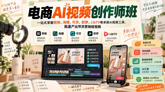 电商AI视频创作师班，一站式掌握剪映、海螺、可灵、即梦、LibTV等多款AI视频工具，批量产出带货营销短视频-网创之家