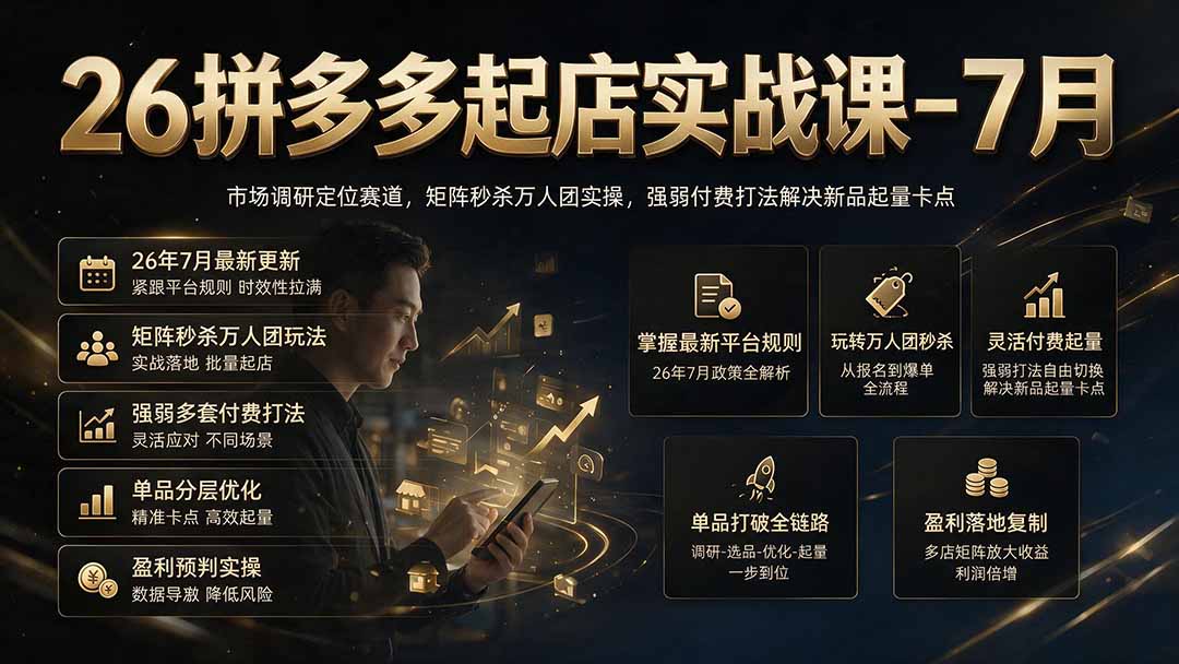 26拼多多起店实战课-7月｜市场调研定位赛道，矩阵秒杀万人团实操，强弱付费打法解决新品起量卡点-网创之家