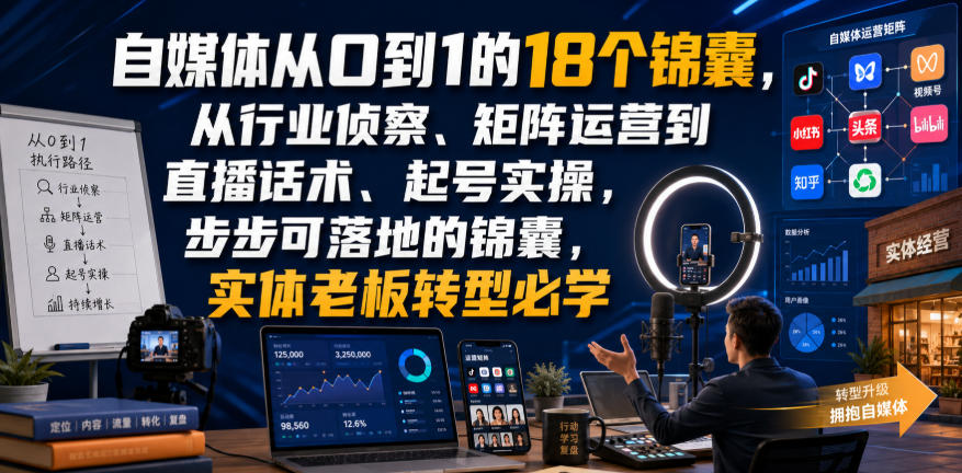 自媒体从0到1的18个锦囊，从行业侦察、矩阵运营到直播话术、起号实操，步步可落地的锦囊，实体老板转型必学-网创之家