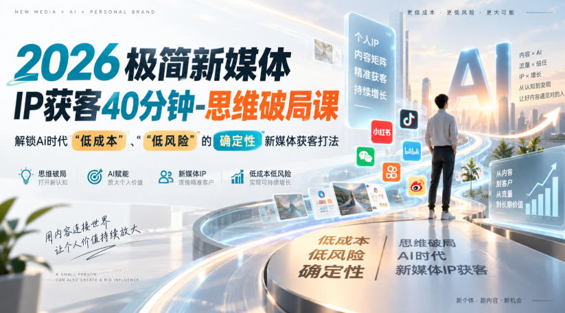 2026极简新媒体IP获客40分钟-思维破局课，解锁Ai时代“低成本”、“低风险”的确定性新媒体获客打法-网创之家