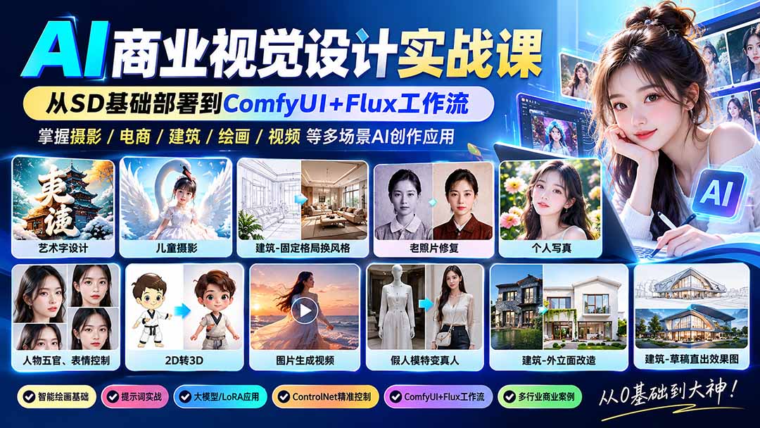 【无水印】AI商业视觉设计实战课：从SD基础部署到ComfyUI+Flux工作流，掌握摄影电商建筑AI创作-网创之家
