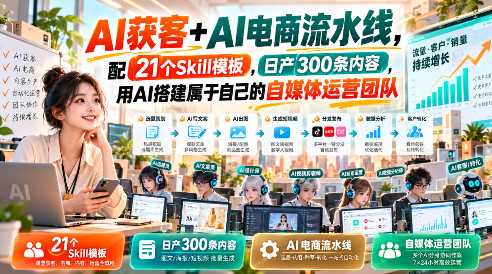 AI获客+AI电商流水线，配21个Skill模板，日产300条内容，用AI搭建属于自己的自媒体运营团队-网创之家