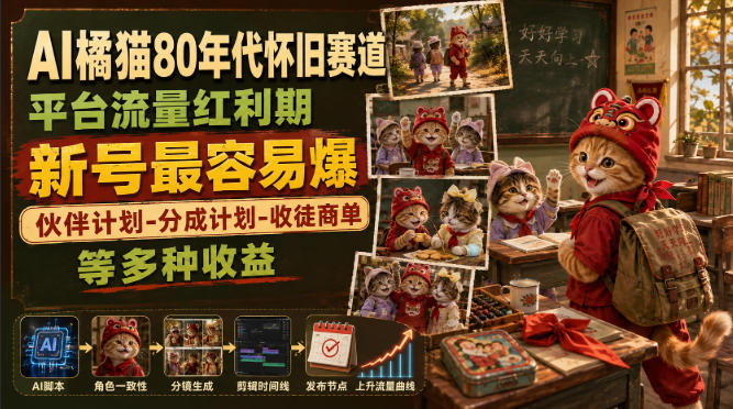 AI橘猫80年代怀旧赛道，平台流量红利期，新号最容易爆，伙伴计划-分成计划-收徒商单等多种收益-网创之家