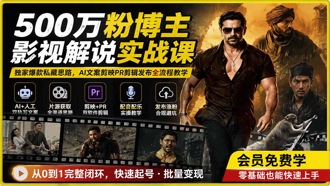 500万粉博主影视解说实战课｜独家爆款私藏思路，AI文案剪映PR剪辑发布全流程教学-网创之家