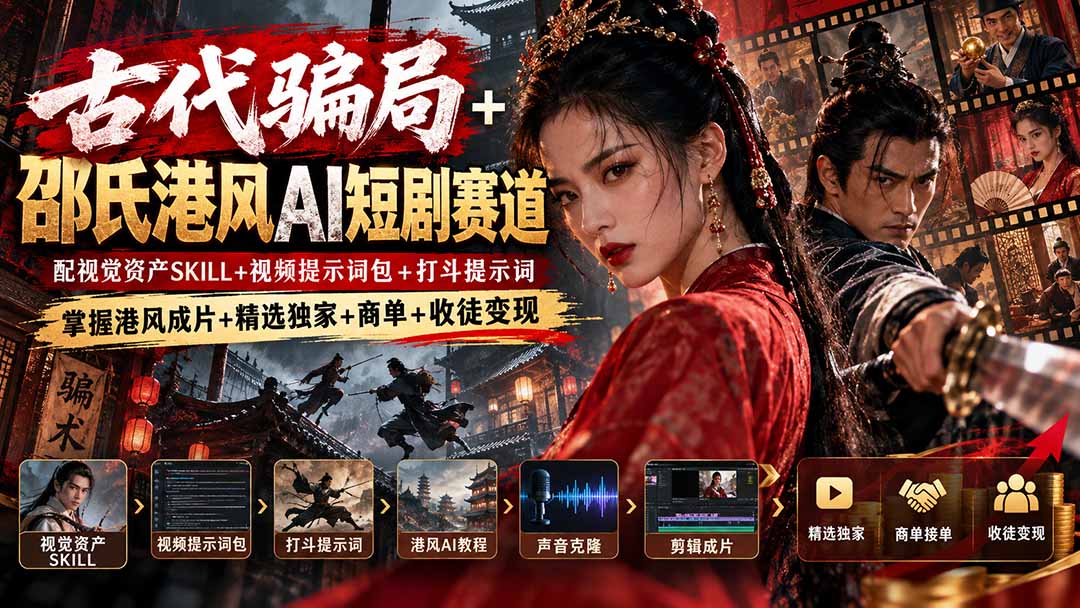 古代骗局+邵氏港风AI短剧赛道：配视觉资产SKILL+视频提示词包+打斗提示词，掌握港风成片+精选独家+商单+收徒变现-网创之家