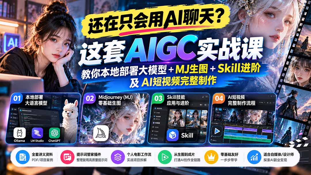 【无水印】还在只会用AI聊天？这套AIGC实战课教你本地部署大模型+MJ生图+Skill进阶及AI短视频完整制作-网创之家