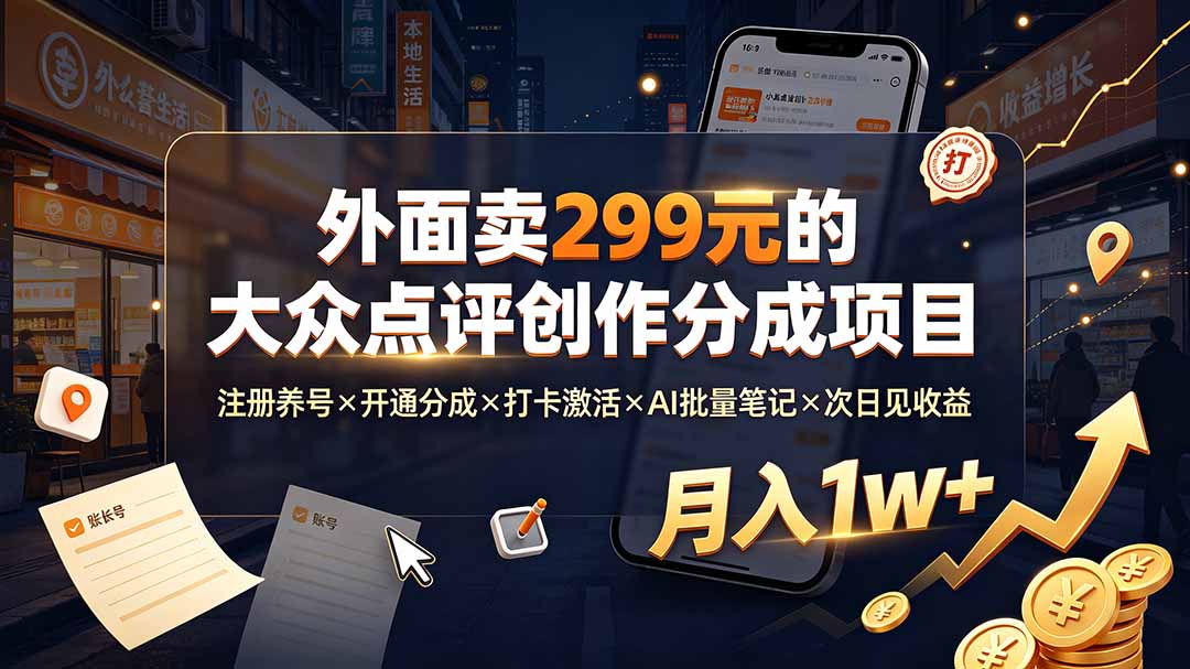 外面卖299元的大众点评创作分成项目：注册养号×开通分成×打卡激活×AI批量笔记×次日见收益，月入1w+-网创之家